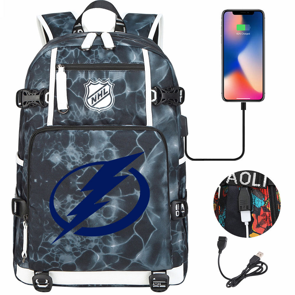 Tampa Bay Lightning Hockey League USB Charging Backpack School Notebook Travel Bags