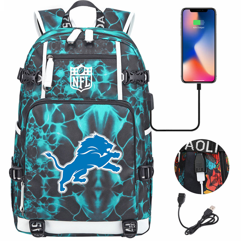 Detroit Lions Football Team USB Charging Backpack School Notebook Travel Bags