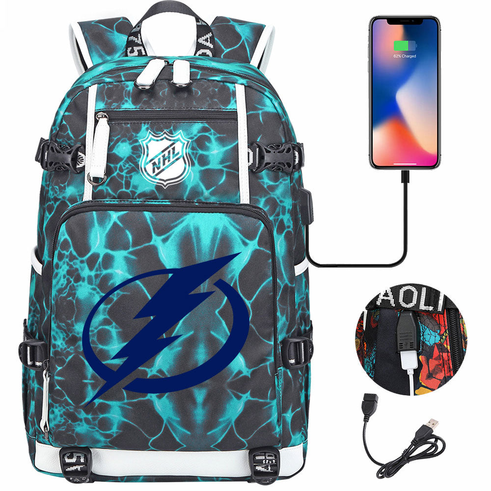 Tampa Bay Lightning Hockey League USB Charging Backpack School Notebook Travel Bags