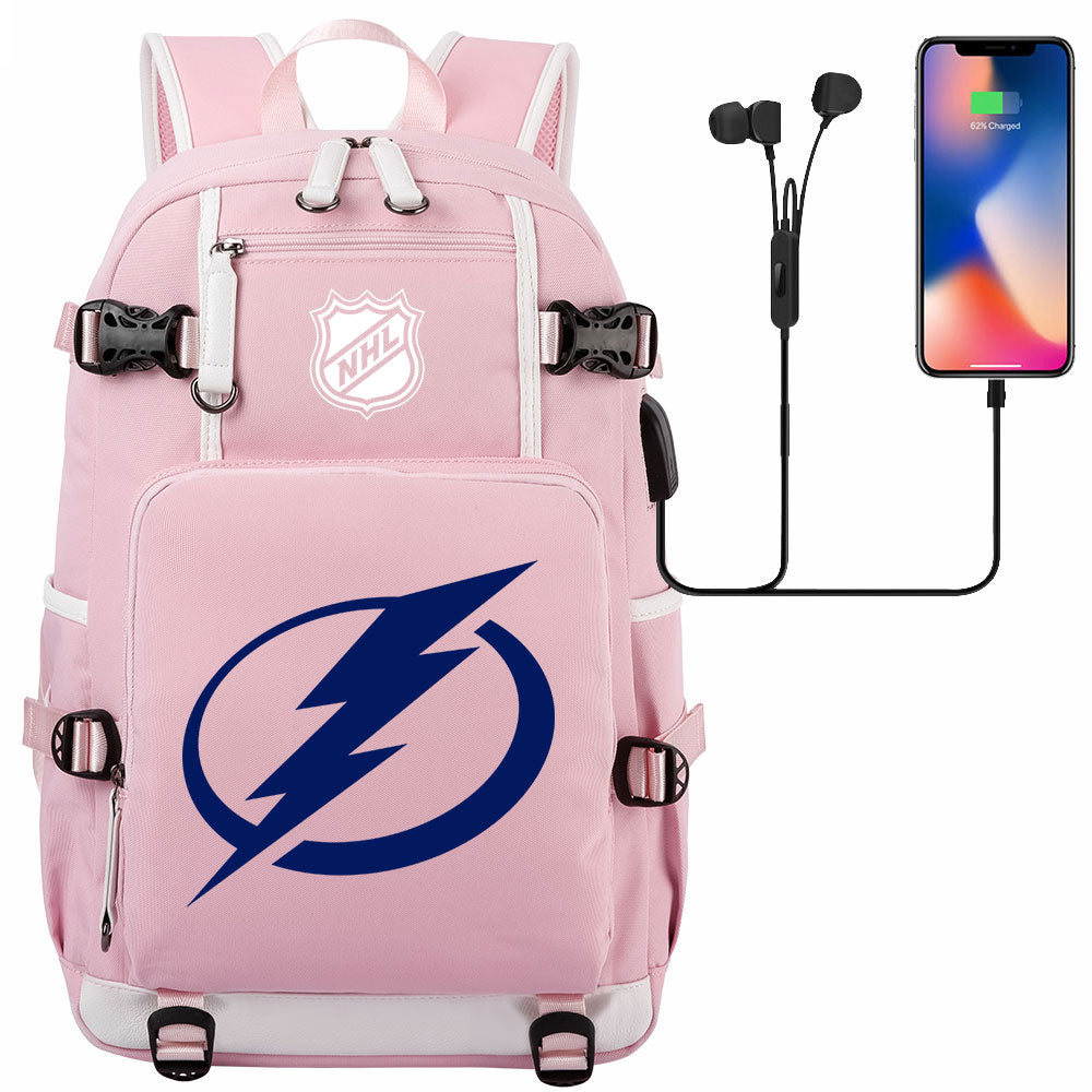 Tampa Bay Lightning Hockey League USB Charging Backpack School Notebook Travel Bags