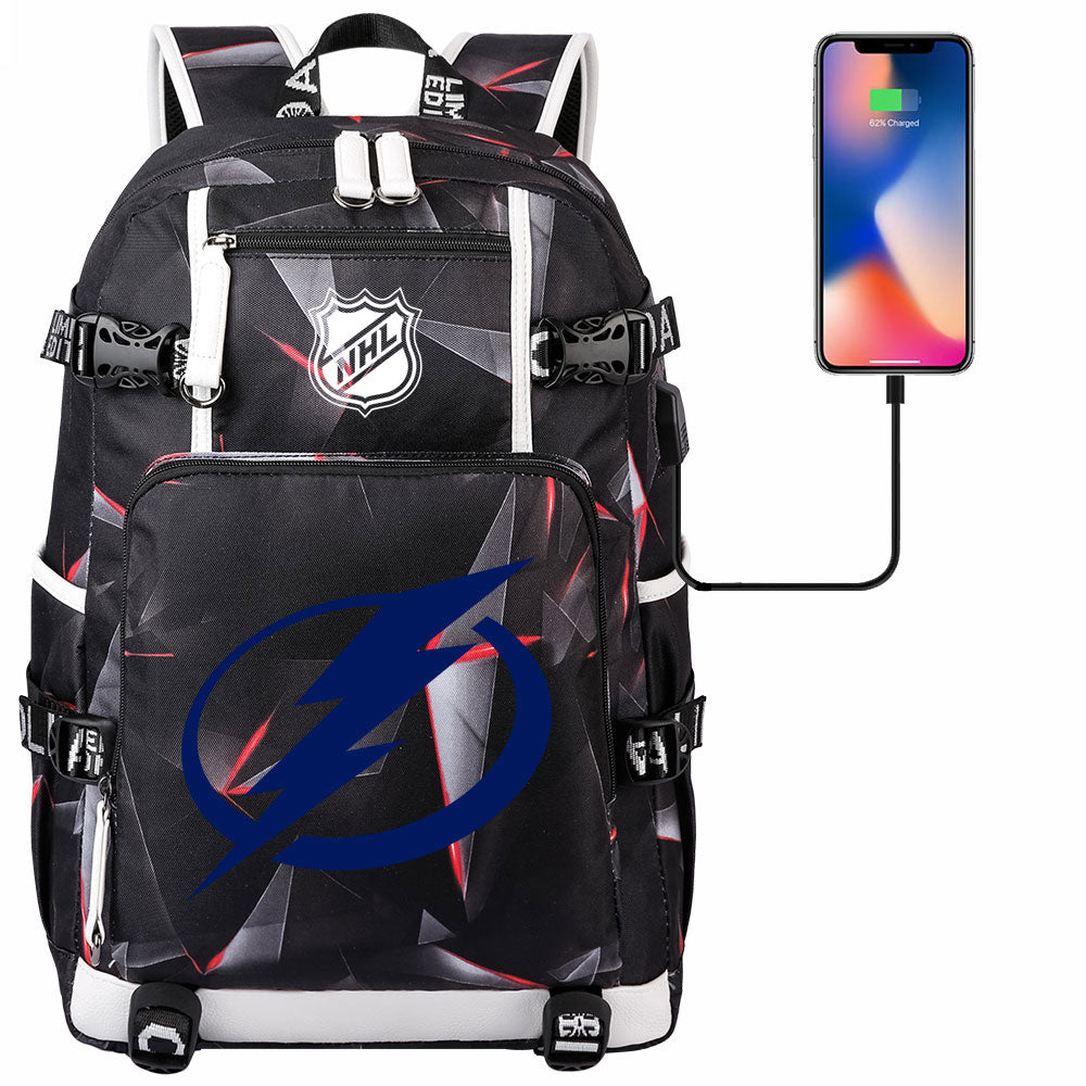 Tampa Bay Lightning Hockey League USB Charging Backpack School Notebook Travel Bags