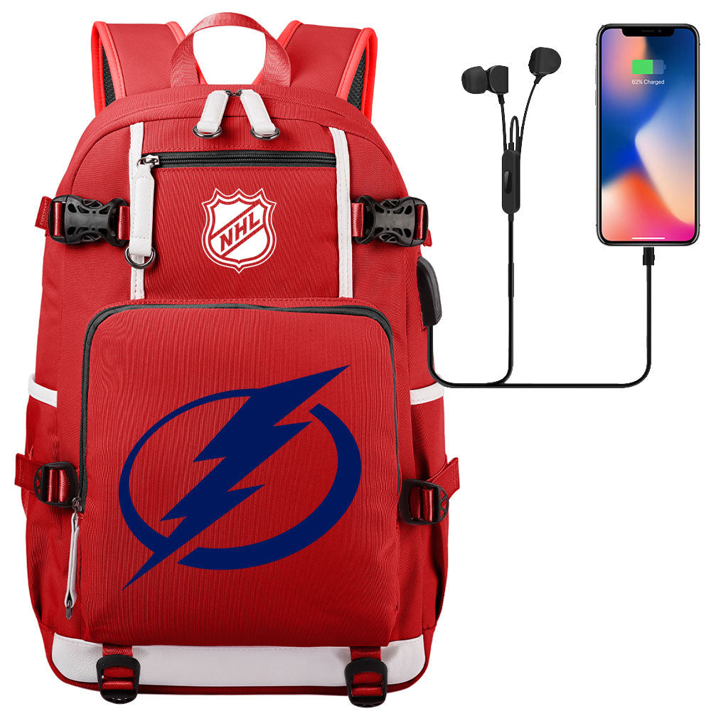 Tampa Bay Lightning Hockey League USB Charging Backpack School Notebook Travel Bags