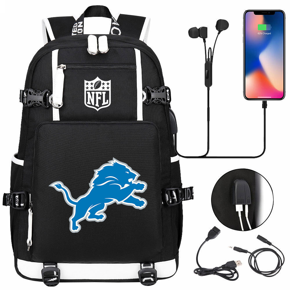 Detroit Lions Football Team USB Charging Backpack School Notebook Travel Bags