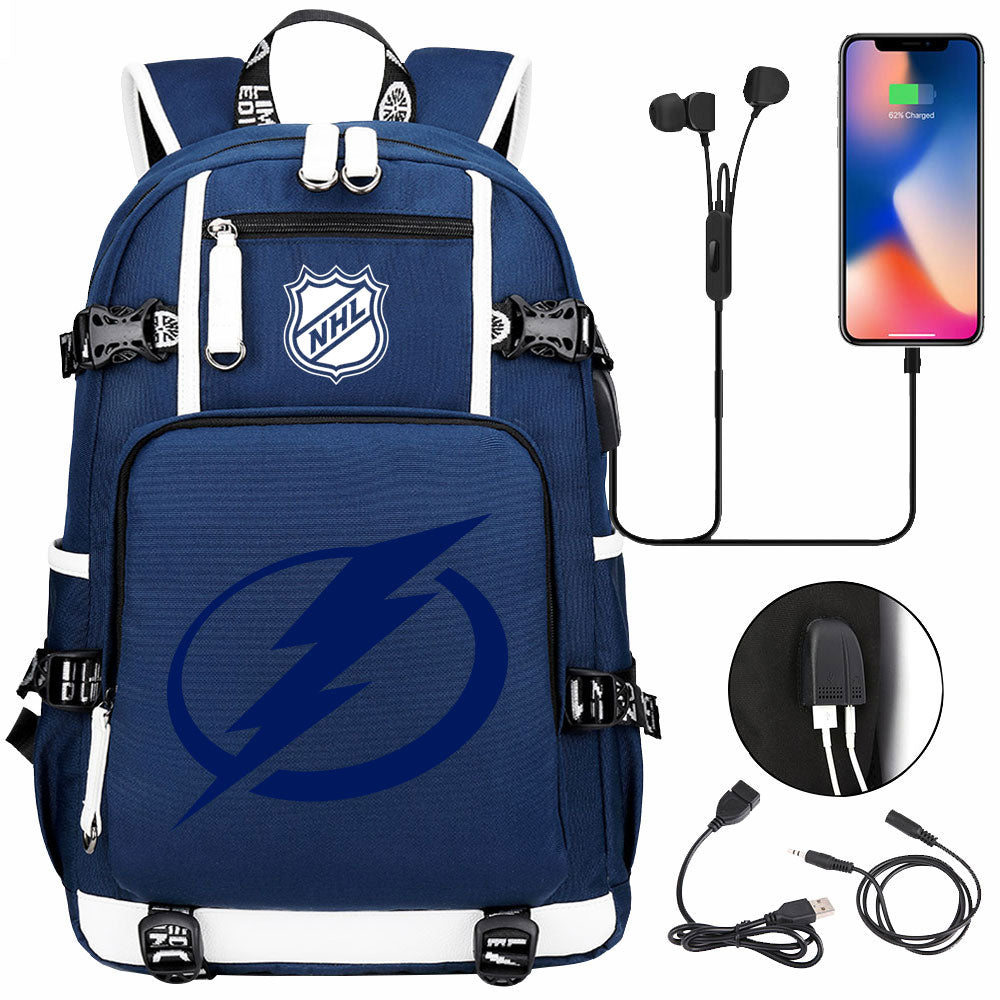 Tampa Bay Lightning Hockey League USB Charging Backpack School Notebook Travel Bags