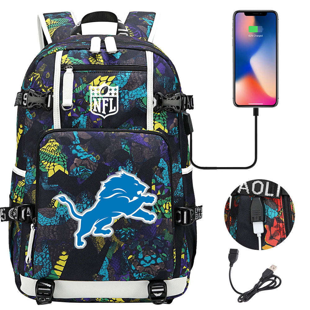 Detroit Lions Football Team USB Charging Backpack School Notebook Travel Bags