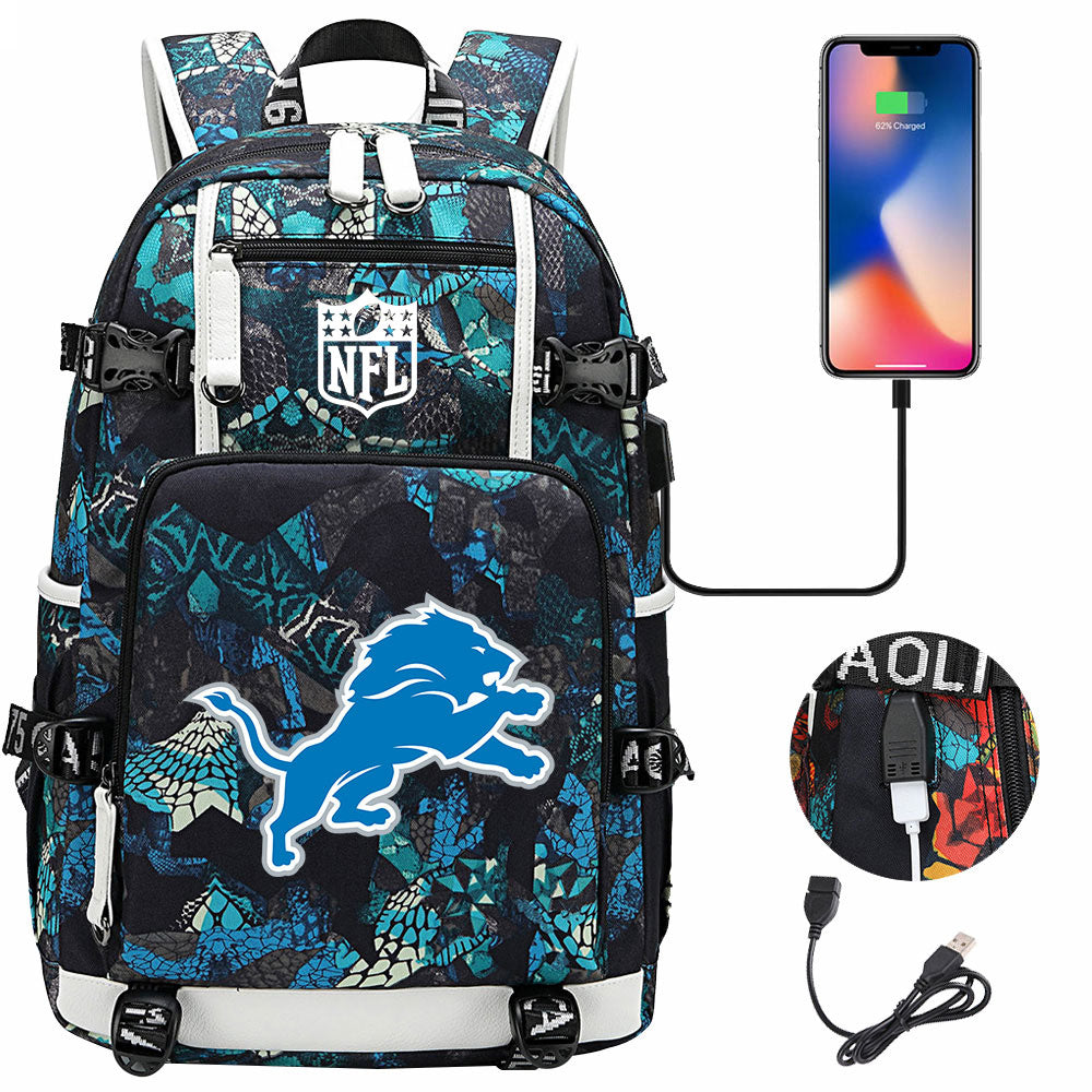 Detroit Lions Football Team USB Charging Backpack School Notebook Travel Bags