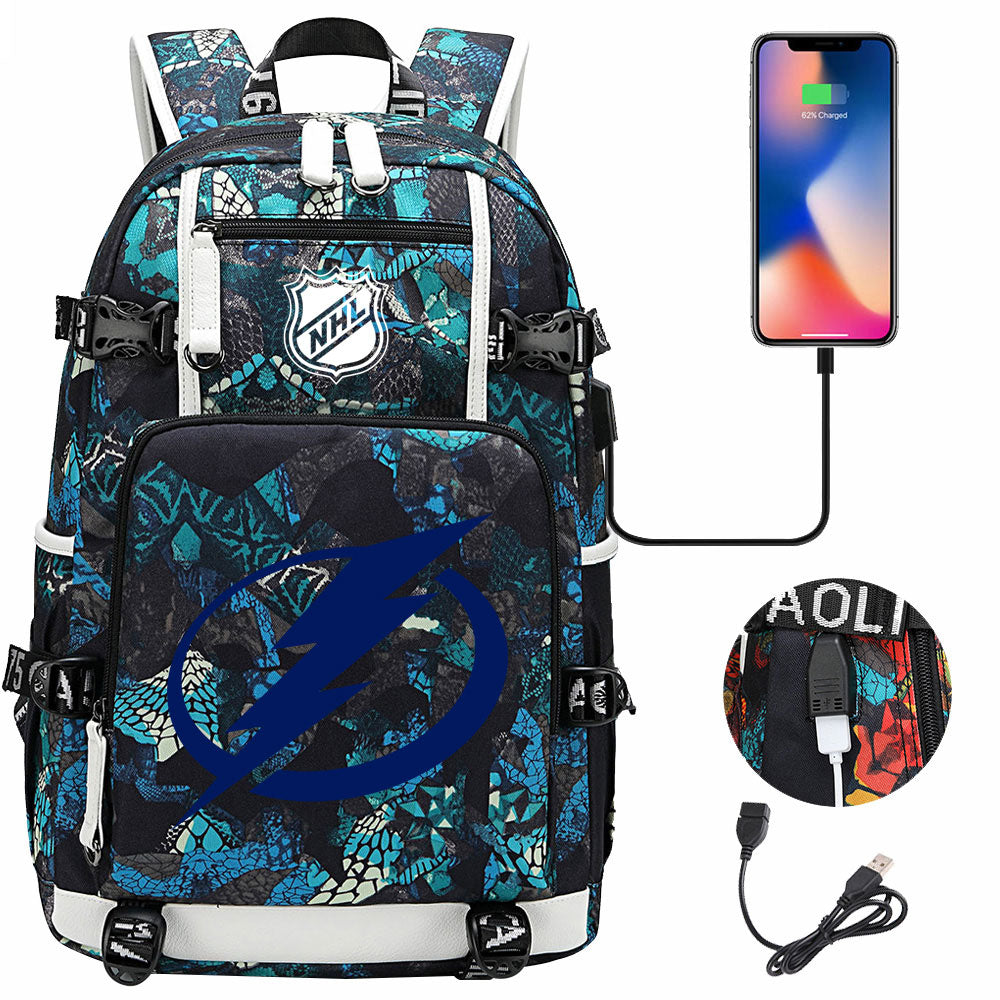 Tampa Bay Lightning Hockey League USB Charging Backpack School Notebook Travel Bags