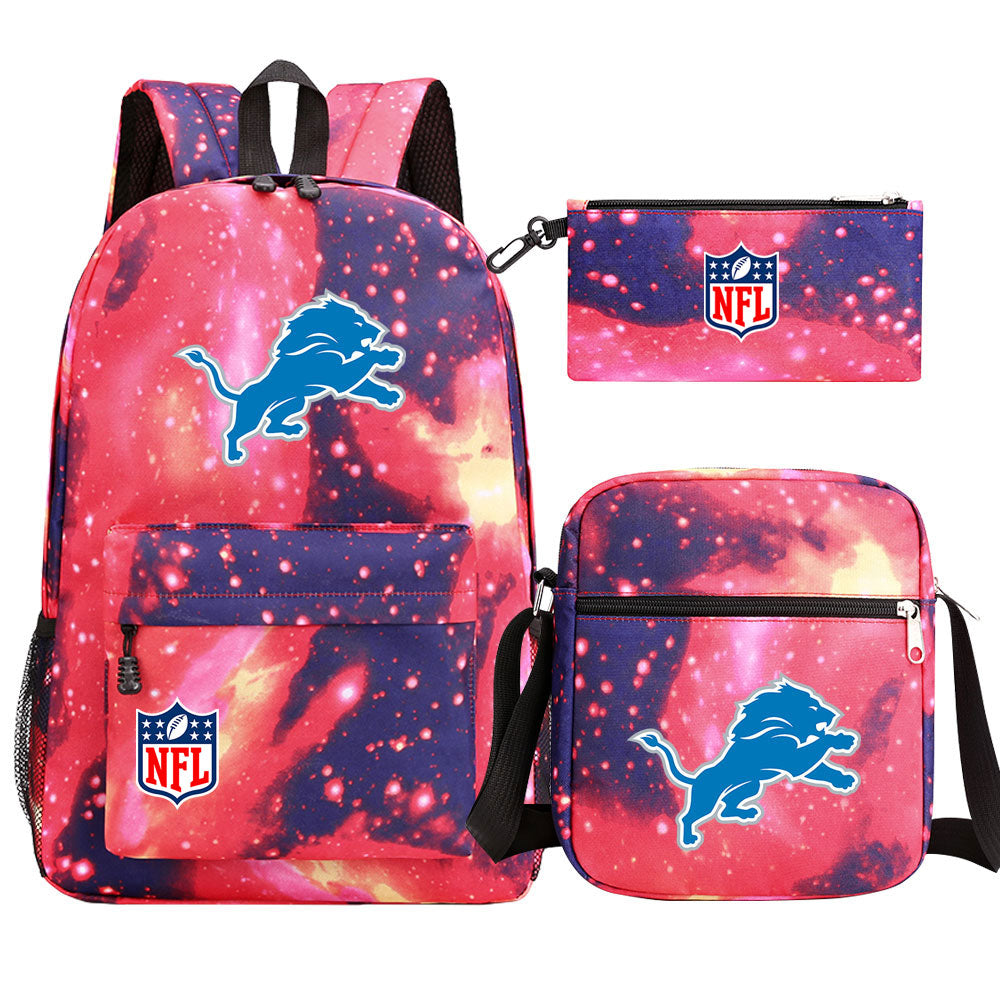 Detroit Lions Football Team Printed Schoolbag Backpack Shoulder Bag Pencil Bag 3pcs set for Kids Students