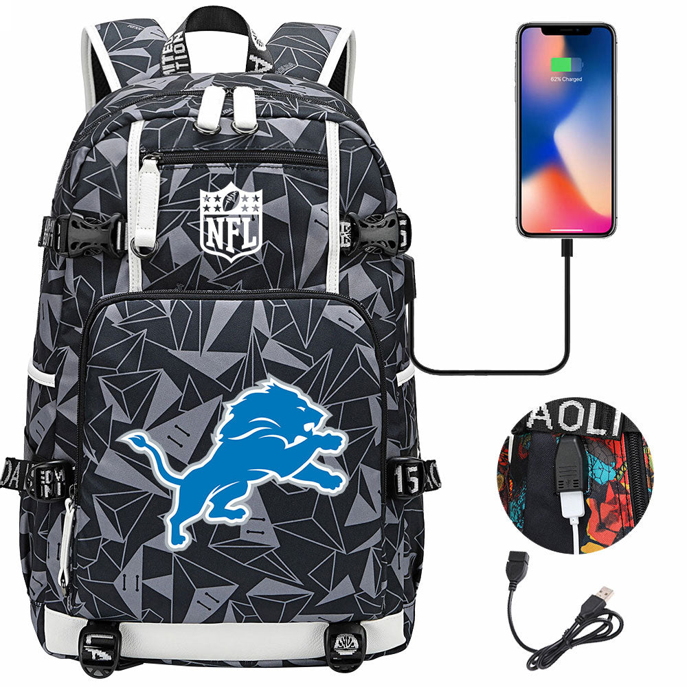 Detroit Lions Football Team USB Charging Backpack School Notebook Travel Bags