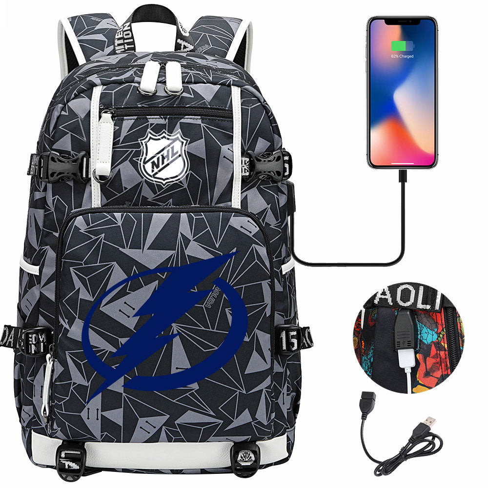 Tampa Bay Lightning Hockey League USB Charging Backpack School Notebook Travel Bags