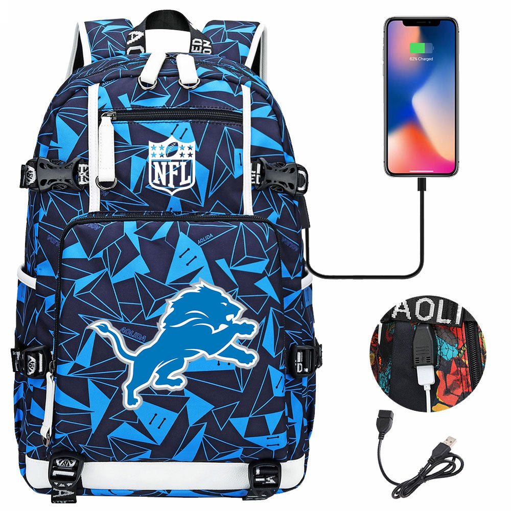 Detroit Lions Football Team USB Charging Backpack School Notebook Travel Bags