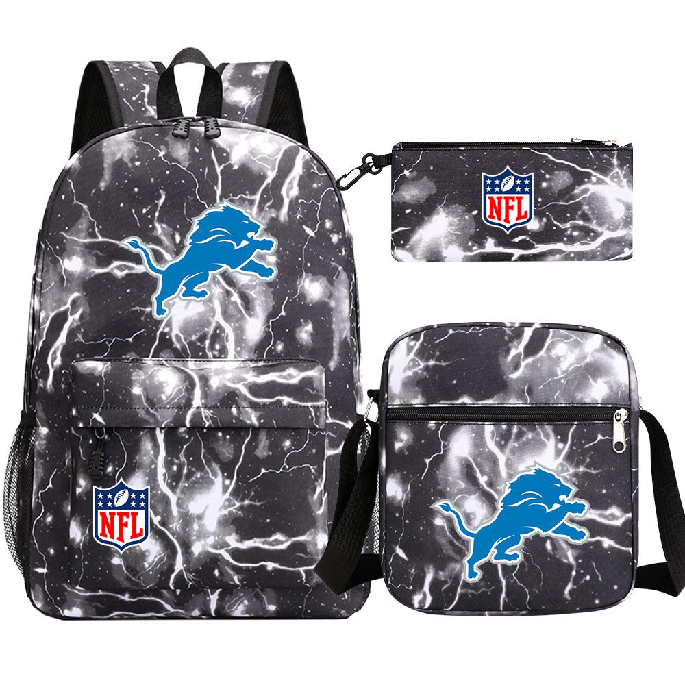 Detroit Lions Football Team Printed Schoolbag Backpack Shoulder Bag Pencil Bag 3pcs set for Kids Students