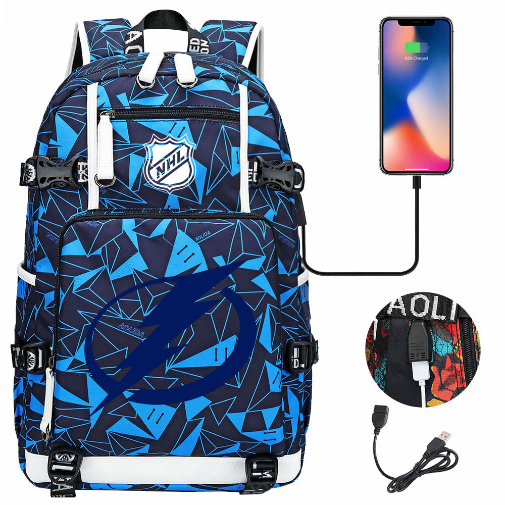 Tampa Bay Lightning Hockey League USB Charging Backpack School Notebook Travel Bags