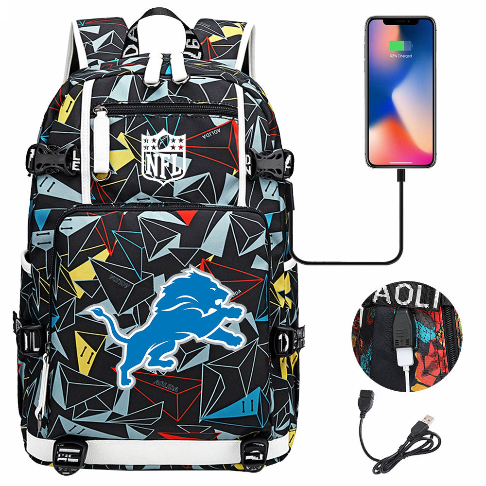 Detroit Lions Football Team USB Charging Backpack School Notebook Travel Bags