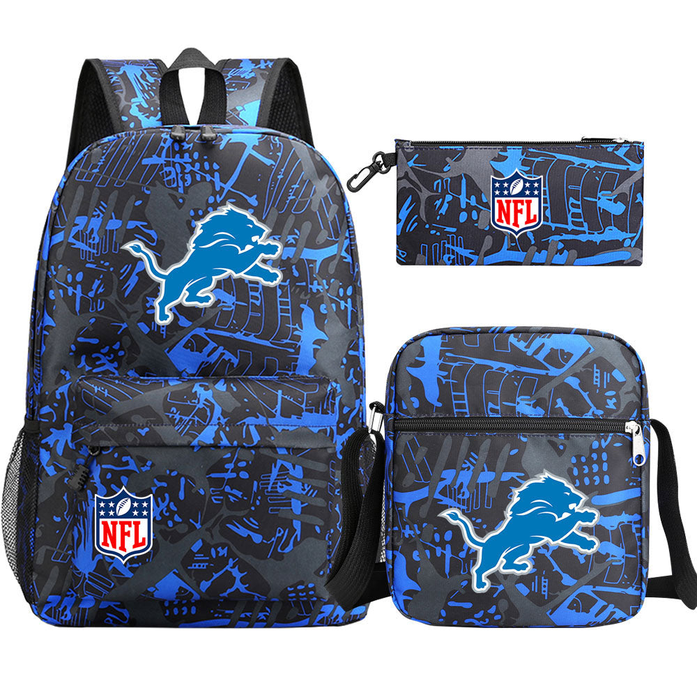 Detroit Lions Football Team Printed Schoolbag Backpack Shoulder Bag Pencil Bag 3pcs set for Kids Students