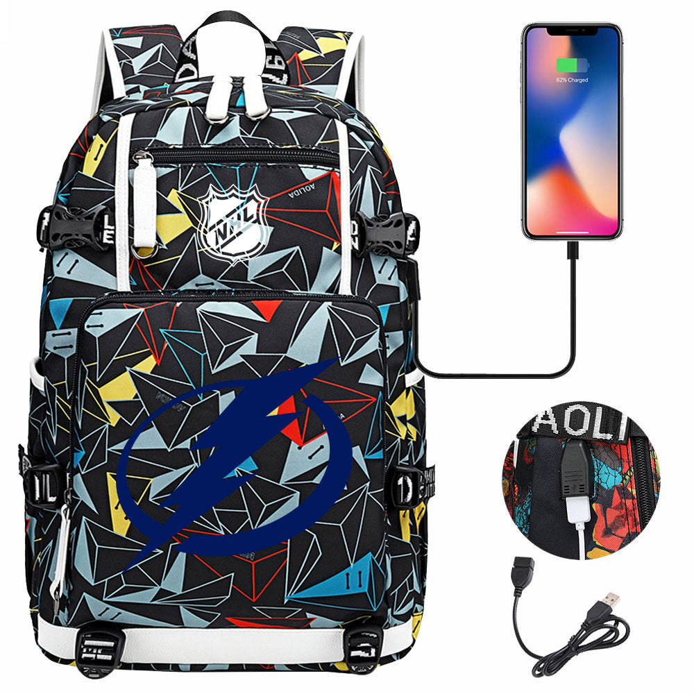 Tampa Bay Lightning Hockey League USB Charging Backpack School Notebook Travel Bags