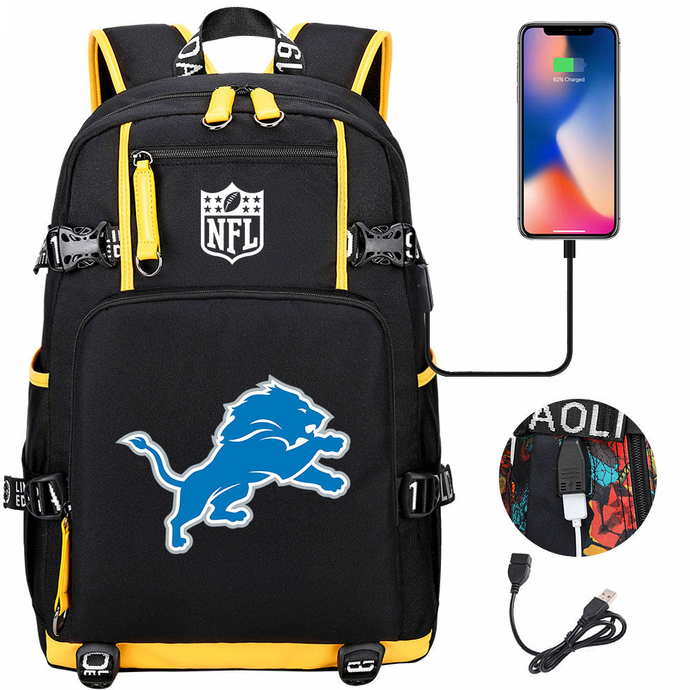 Detroit Lions Football Team USB Charging Backpack School Notebook Travel Bags