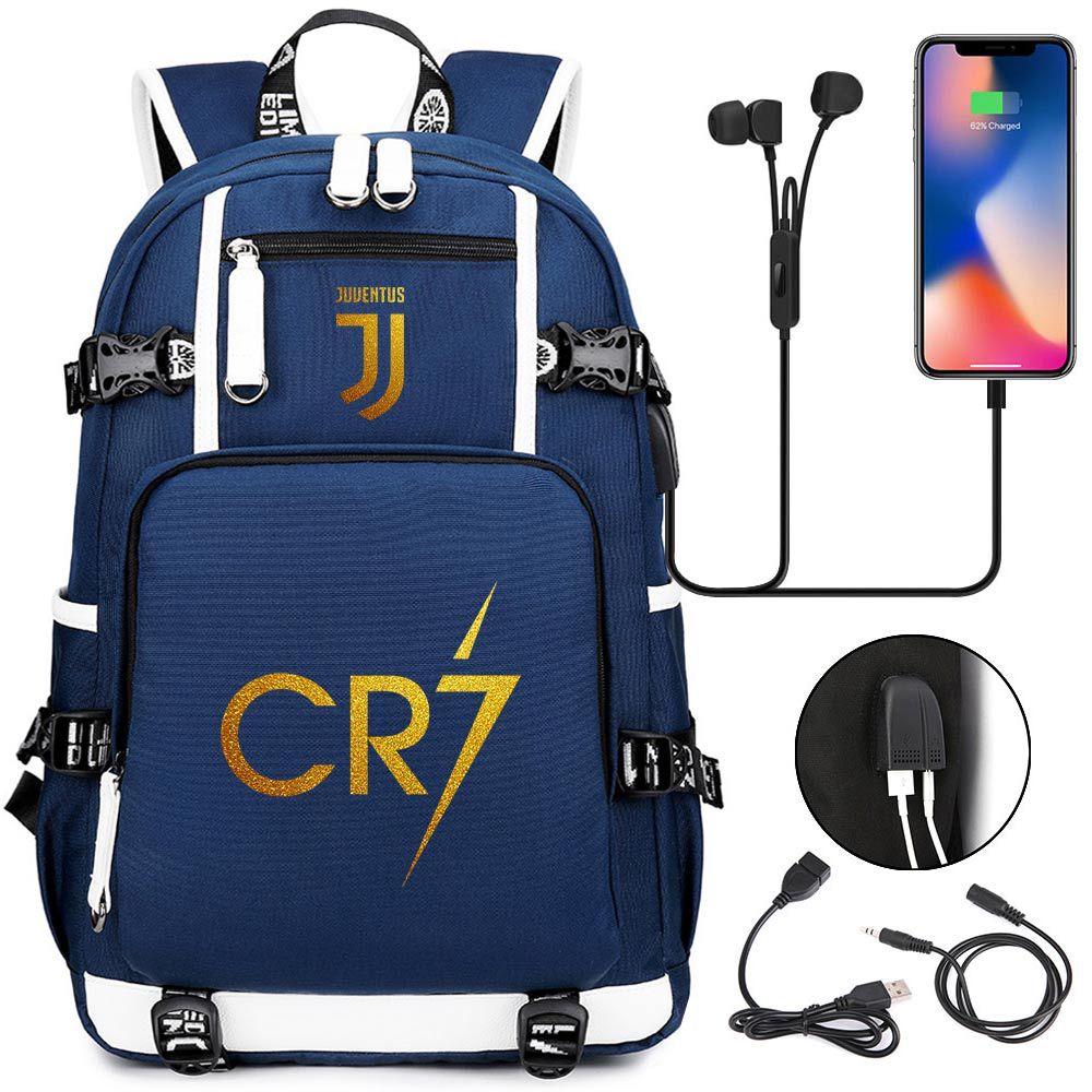 CR7 Football Ronaldo USB Charging Backpack School Notebook Travel Bags