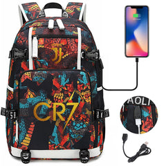 CR7 Football Ronaldo USB Charging Backpack School Notebook Travel Bags