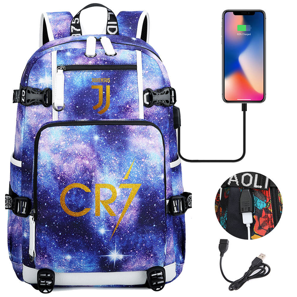 CR7 Football Ronaldo USB Charging Backpack School Notebook Travel Bags