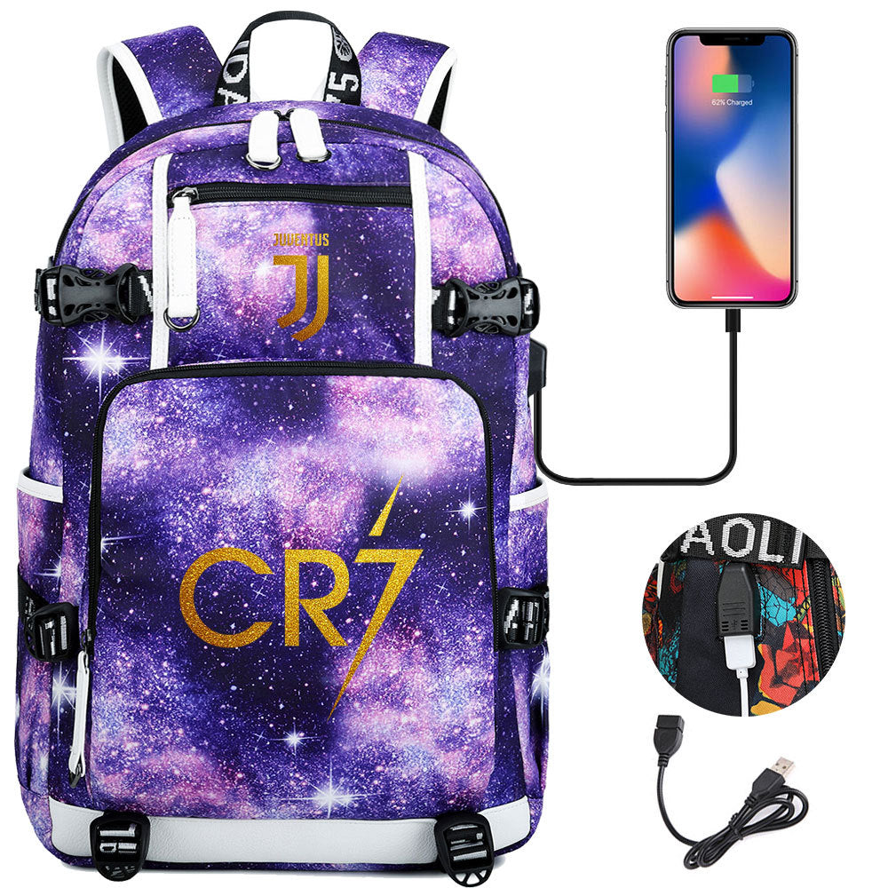 CR7 Football Ronaldo USB Charging Backpack School Notebook Travel Bags