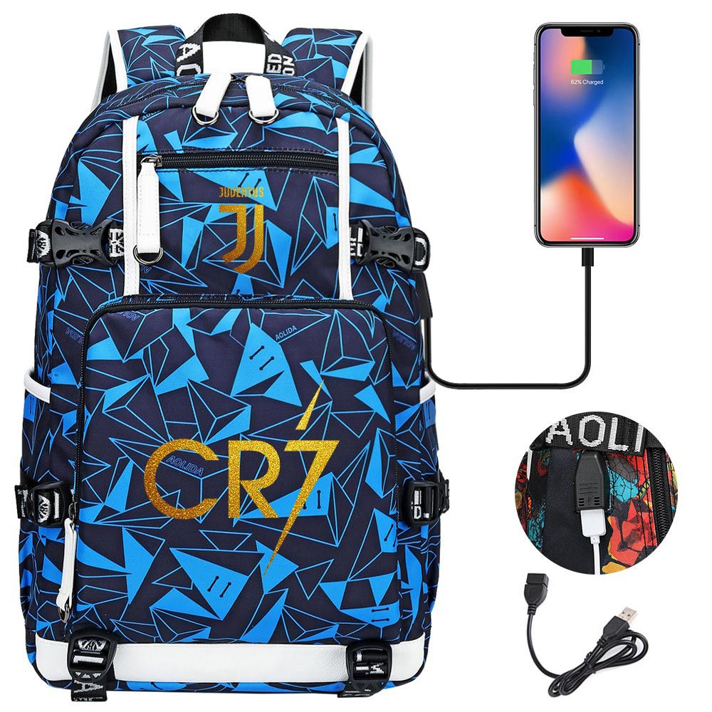 CR7 Football Ronaldo USB Charging Backpack School Notebook Travel Bags