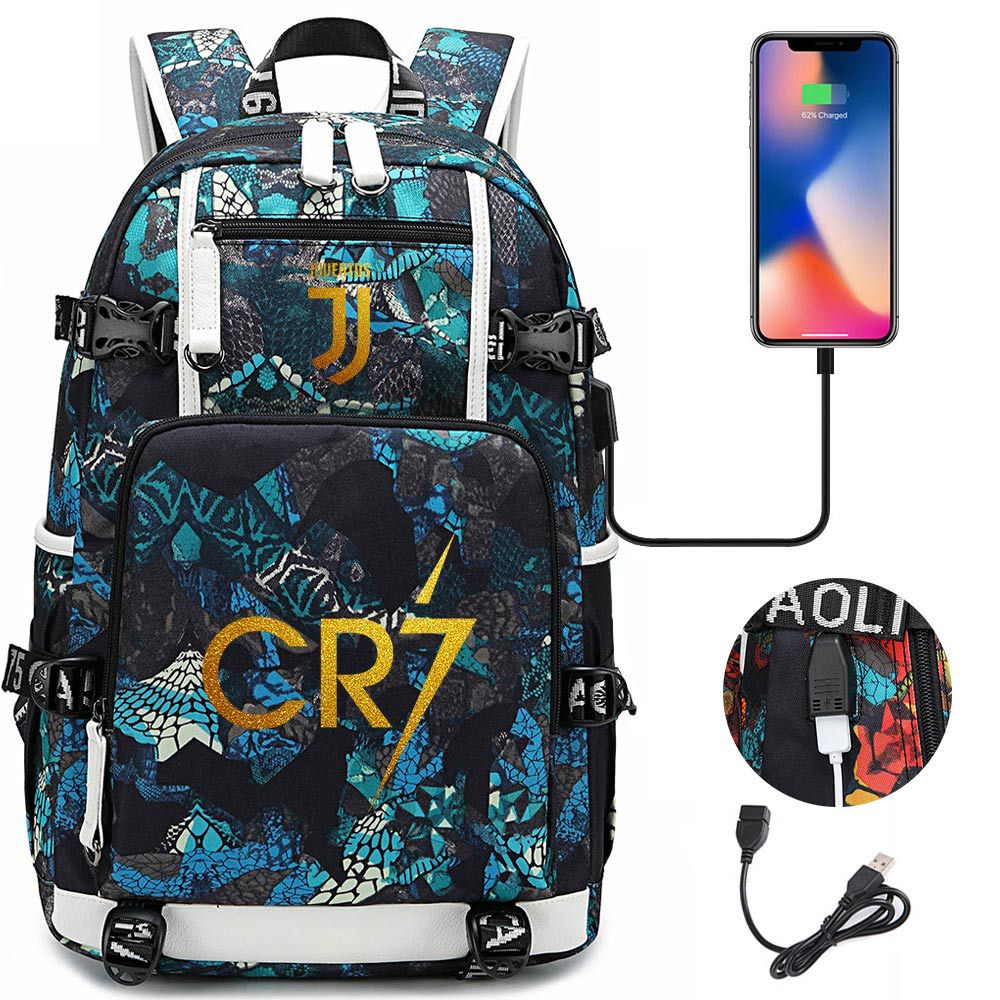 CR7 Football Ronaldo USB Charging Backpack School Notebook Travel Bags