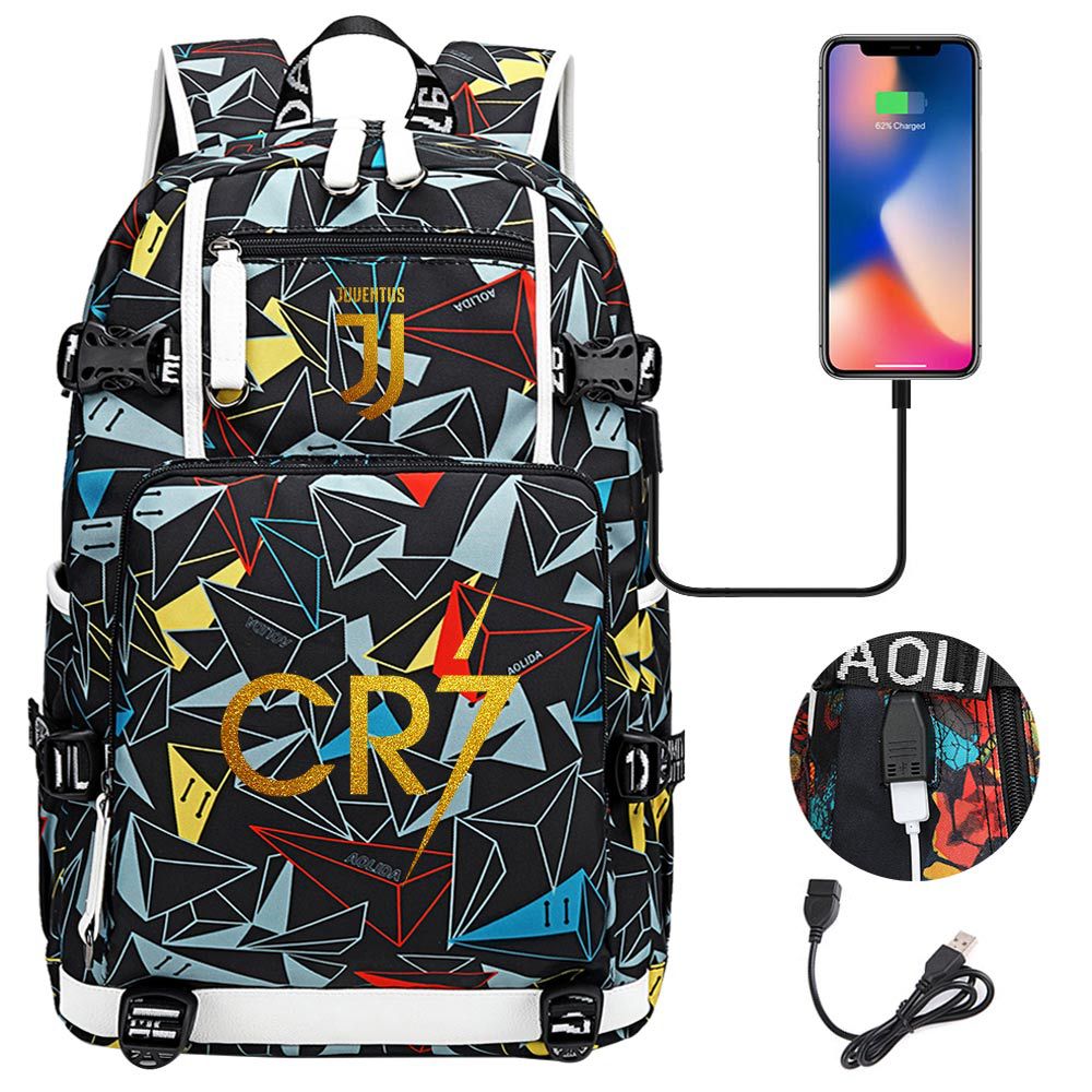 CR7 Football Ronaldo USB Charging Backpack School Notebook Travel Bags