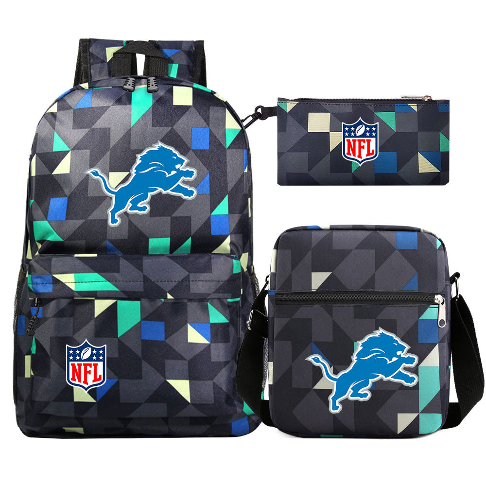 Detroit Lions Football Team Printed Schoolbag Backpack Shoulder Bag Pencil Bag 3pcs set for Kids Students