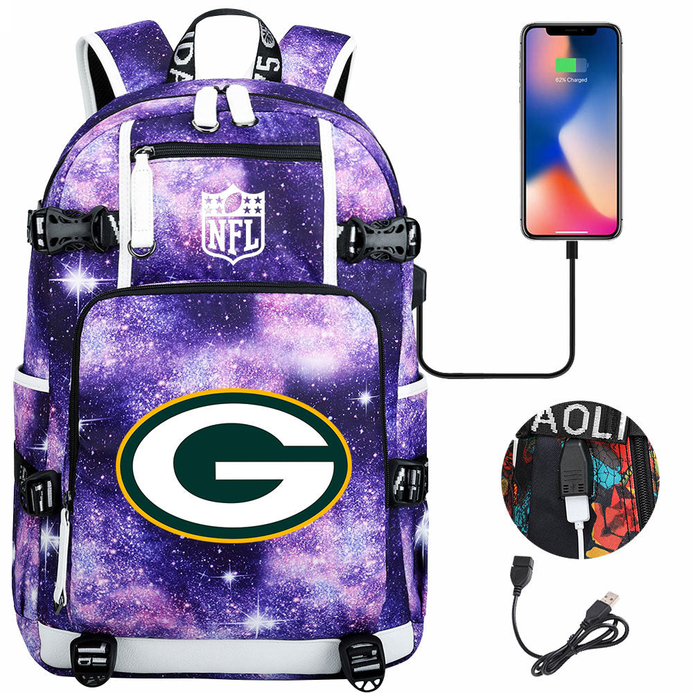 Green Bay Packers Football Team USB Charging Backpack School Notebook Travel Bags