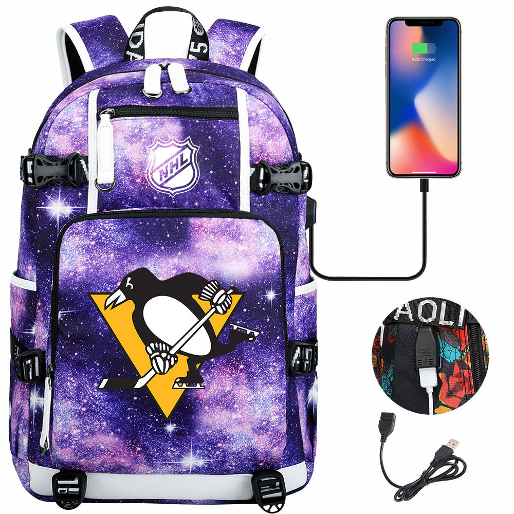 Pittsburgh Penguins Hockey League USB Charging Backpack School Notebook Travel Bags