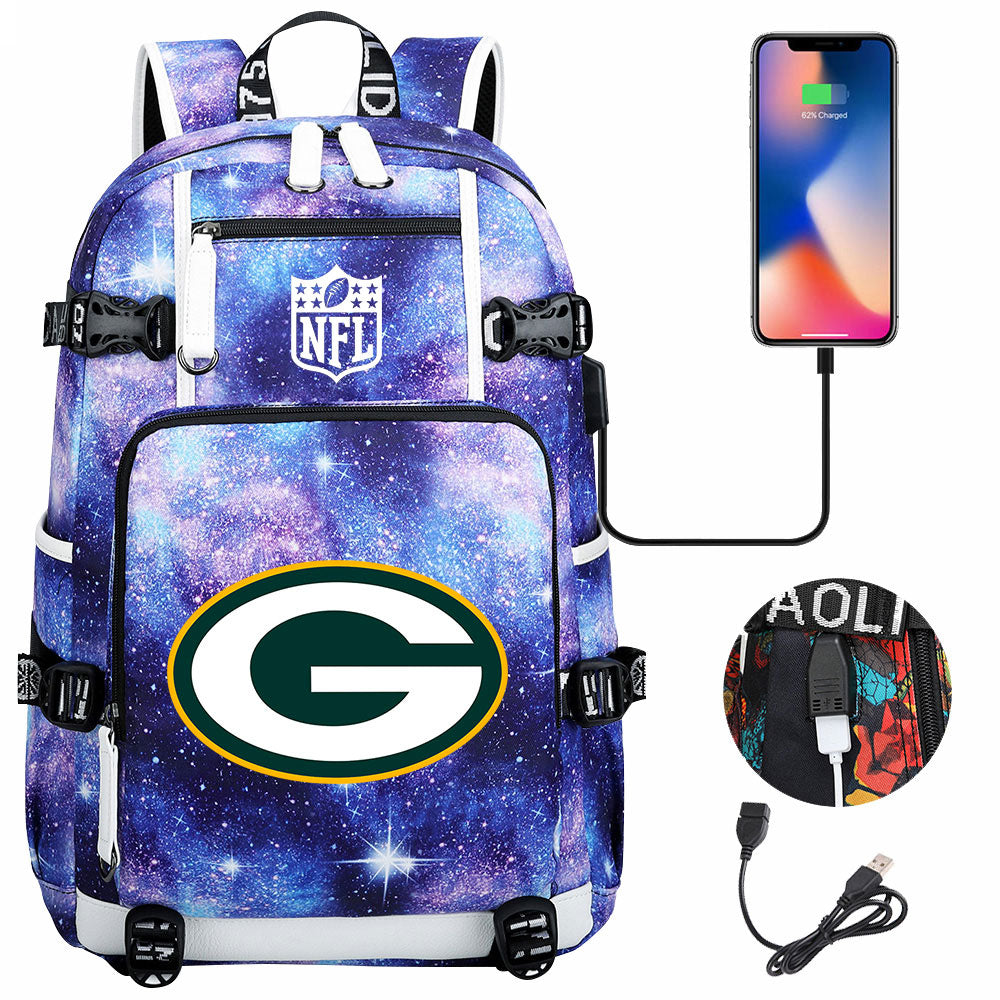 Green Bay Packers Football Team USB Charging Backpack School Notebook Travel Bags