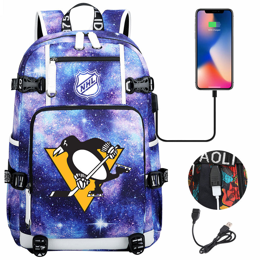 Pittsburgh Penguins Hockey League USB Charging Backpack School Notebook Travel Bags