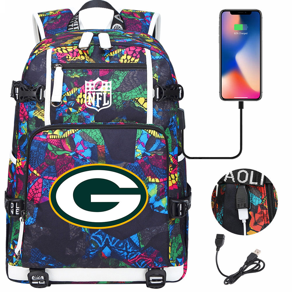 Green Bay Packers Football Team USB Charging Backpack School Notebook Travel Bags