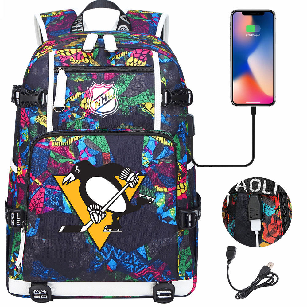 Pittsburgh Penguins Hockey League USB Charging Backpack School Notebook Travel Bags