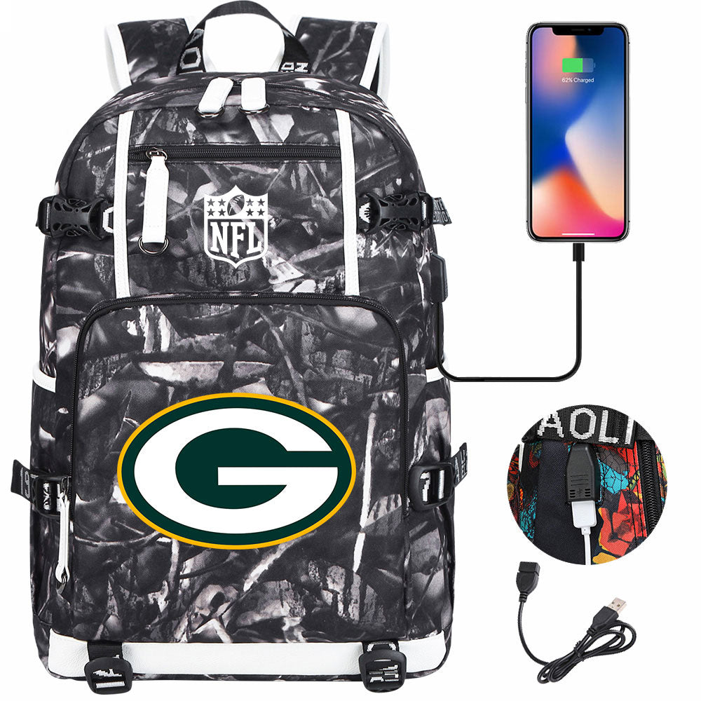 Green Bay Packers Football Team USB Charging Backpack School Notebook Travel Bags