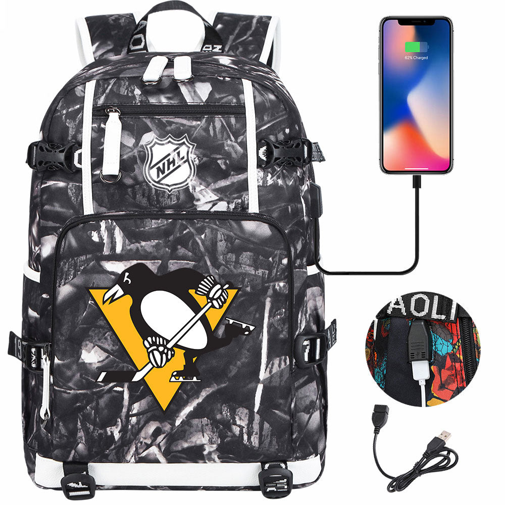 Pittsburgh Penguins Hockey League USB Charging Backpack School Notebook Travel Bags