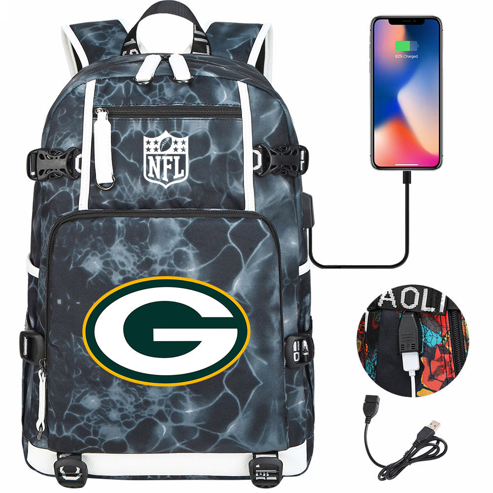 Green Bay Packers Football Team USB Charging Backpack School Notebook Travel Bags