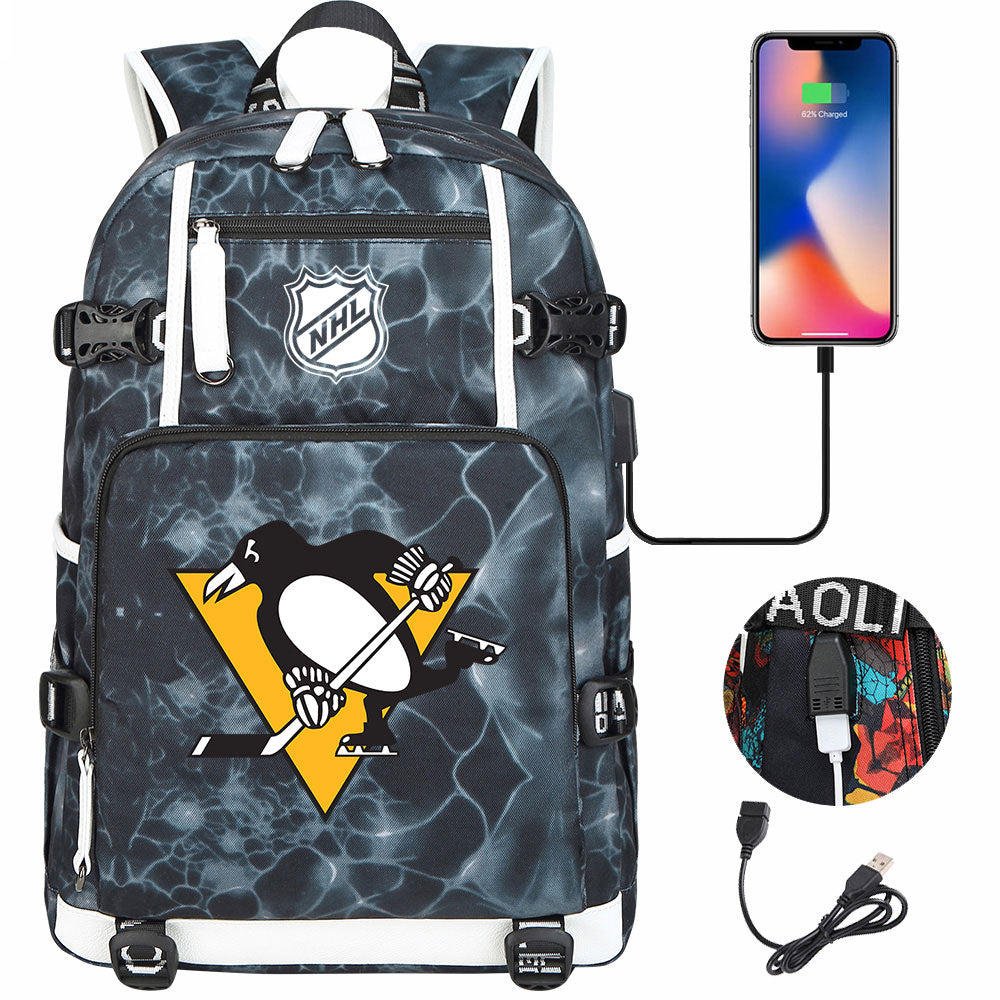 Pittsburgh Penguins Hockey League USB Charging Backpack School Notebook Travel Bags