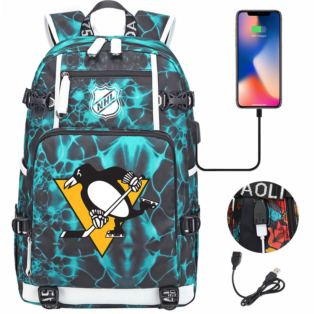 Pittsburgh Penguins Hockey League USB Charging Backpack School Notebook Travel Bags