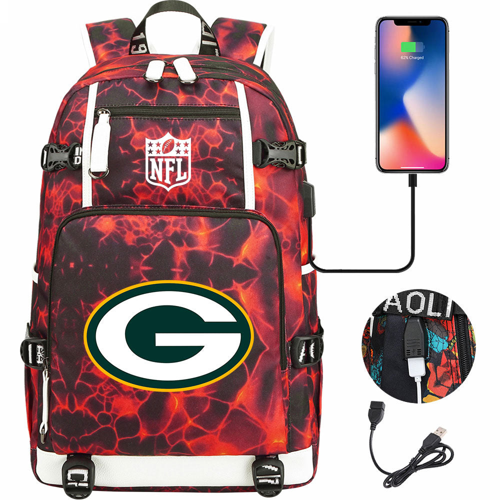 Green Bay Packers Football Team USB Charging Backpack School Notebook Travel Bags