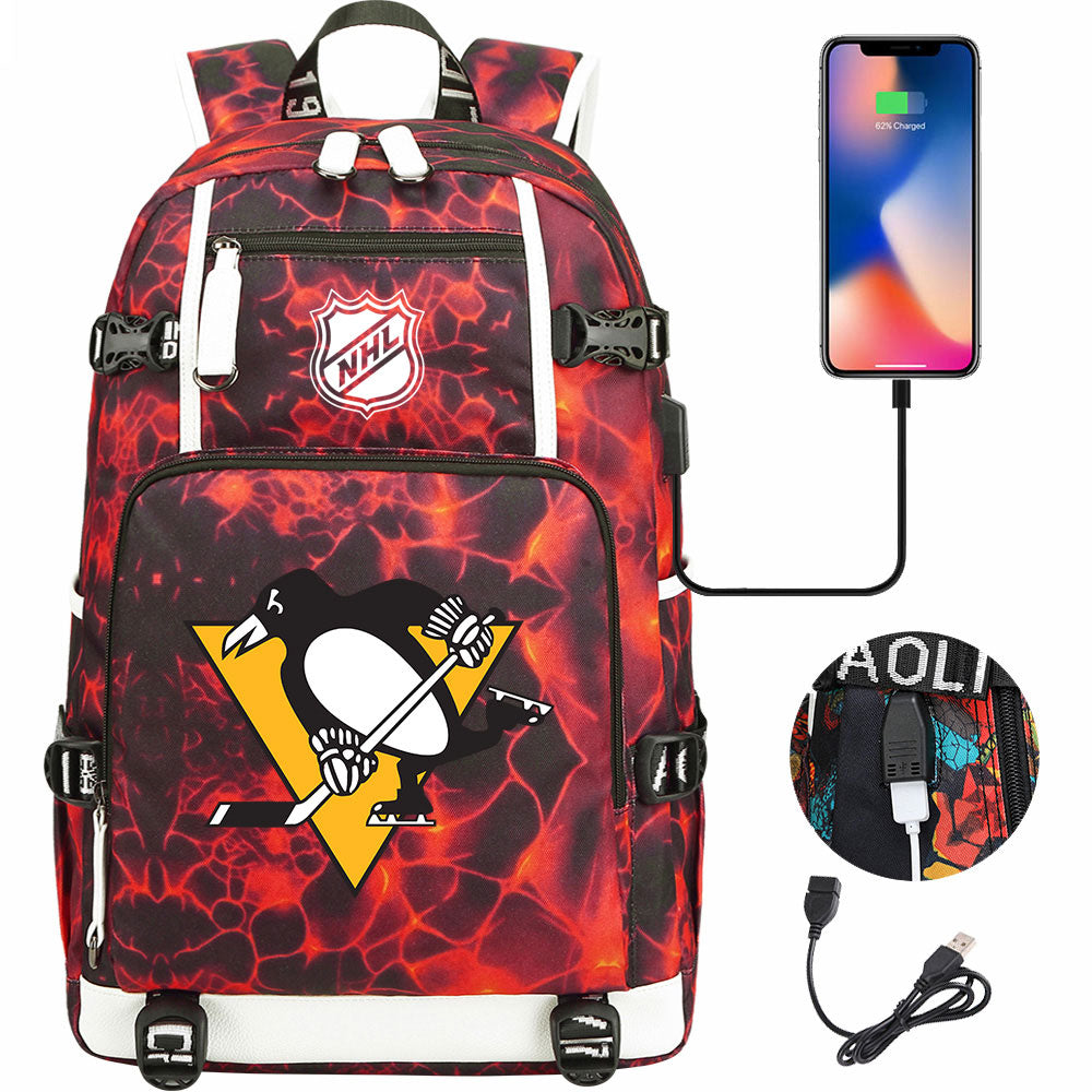 Pittsburgh Penguins Hockey League USB Charging Backpack School Notebook Travel Bags