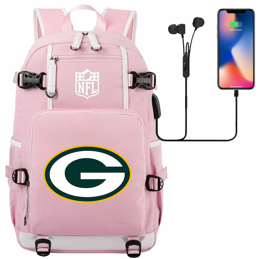 Green Bay Packers Football Team USB Charging Backpack School Notebook Travel Bags