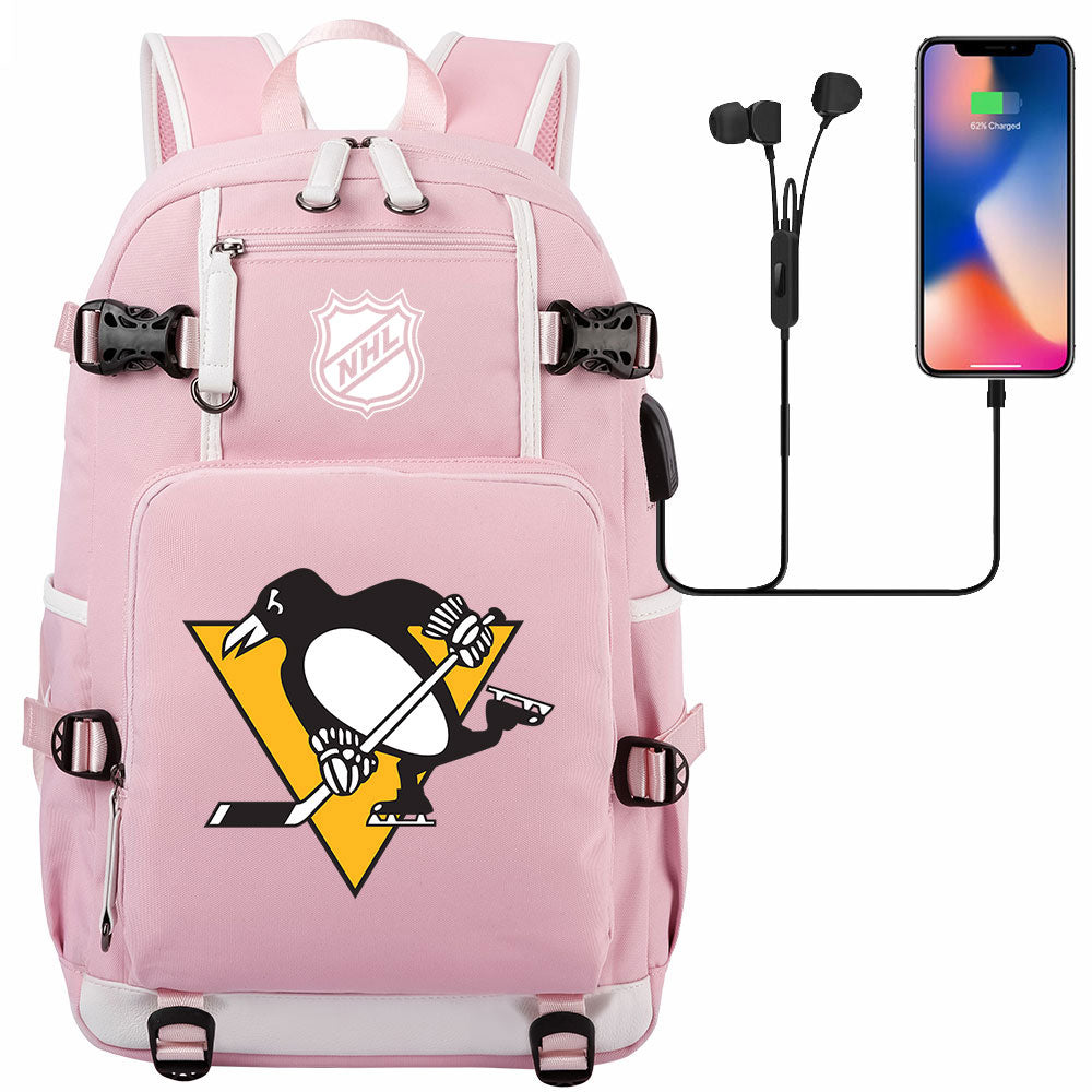 Pittsburgh Penguins Hockey League USB Charging Backpack School Notebook Travel Bags