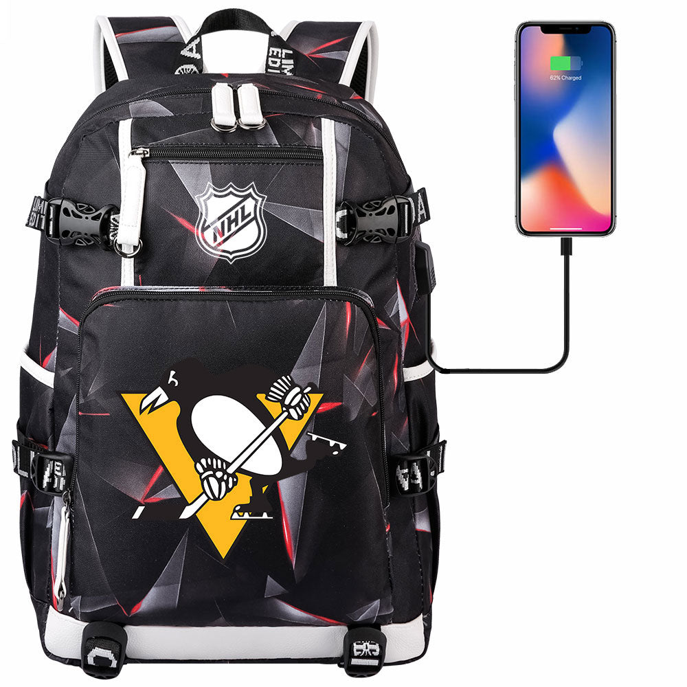 Pittsburgh Penguins Hockey League USB Charging Backpack School Notebook Travel Bags