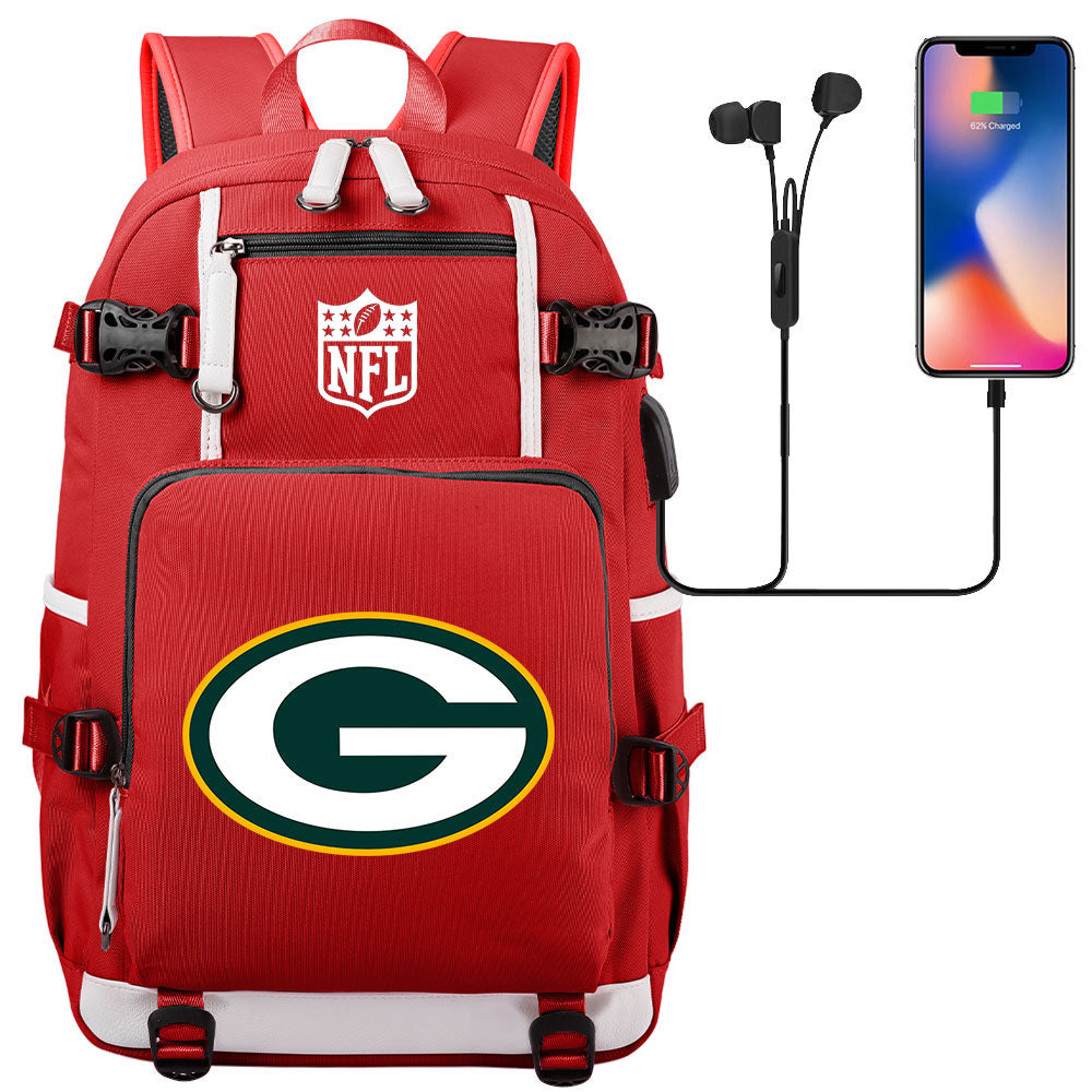 Green Bay Packers Football Team USB Charging Backpack School Notebook Travel Bags