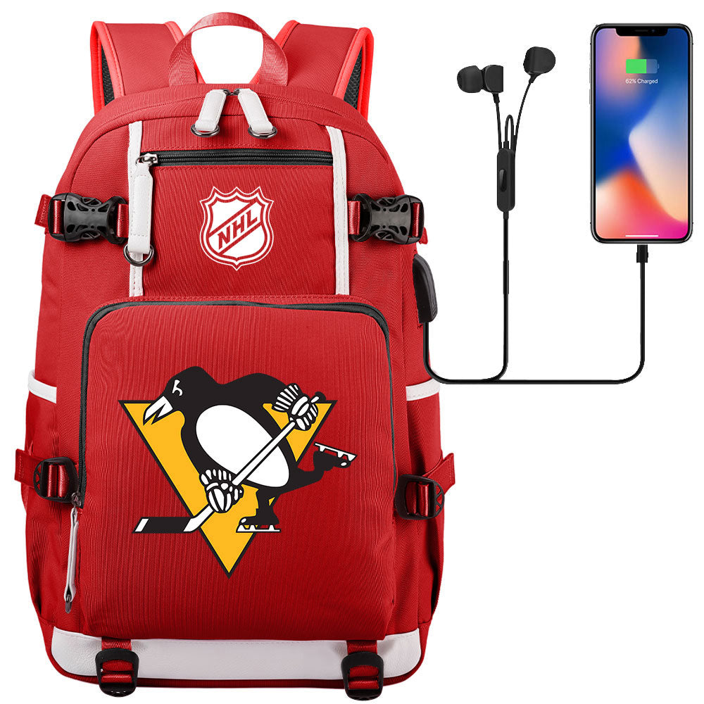 Pittsburgh Penguins Hockey League USB Charging Backpack School Notebook Travel Bags