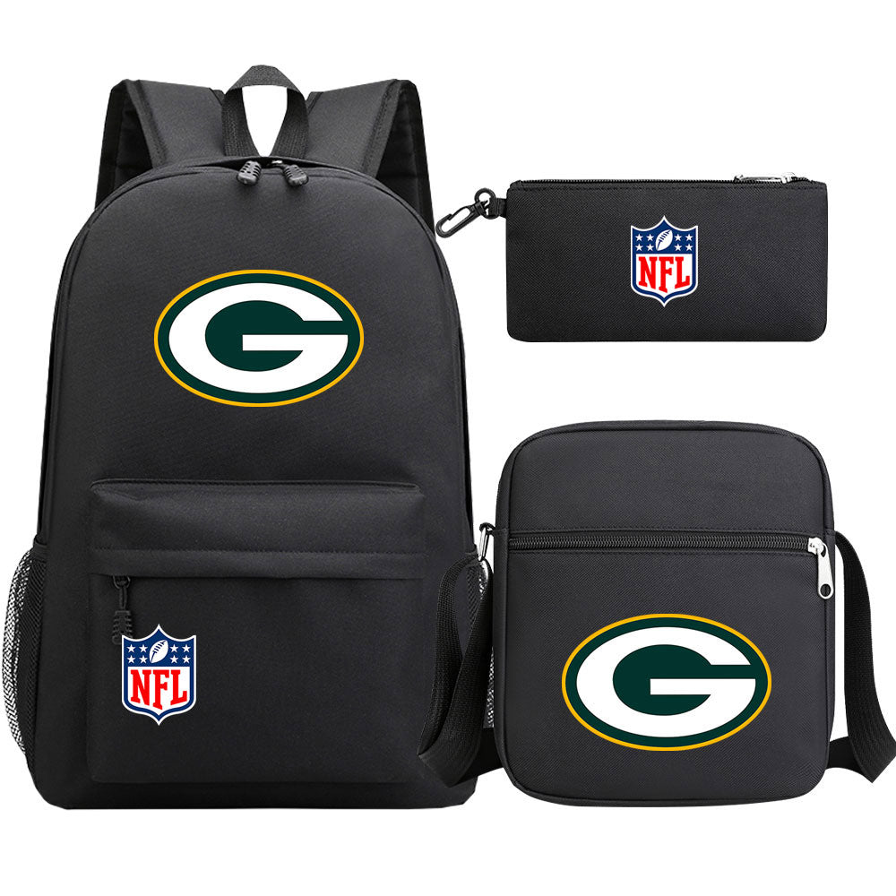 Green Bay Packers Football Team Printed Schoolbag Backpack Shoulder Bag Pencil Bag 3pcs set for Kids Students