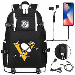 Pittsburgh Penguins Hockey League USB Charging Backpack School Notebook Travel Bags