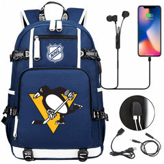 Pittsburgh Penguins Hockey League USB Charging Backpack School Notebook Travel Bags